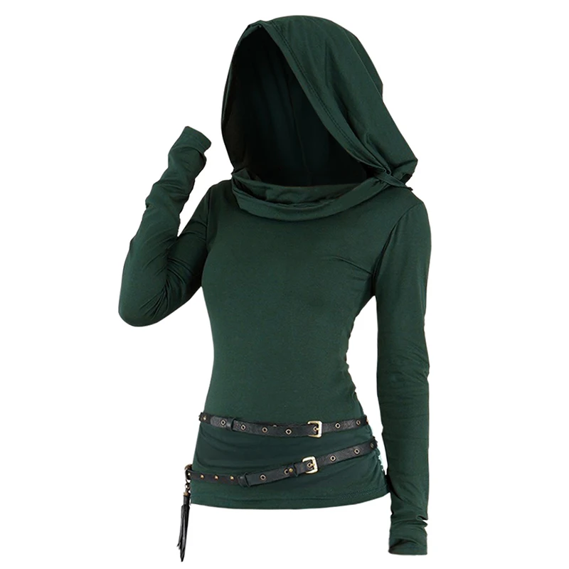 

Womens Hoodid Tops Long Sleeve Solid Color Hooded Top Ruched Curved Hem Casual Top With Double Belts