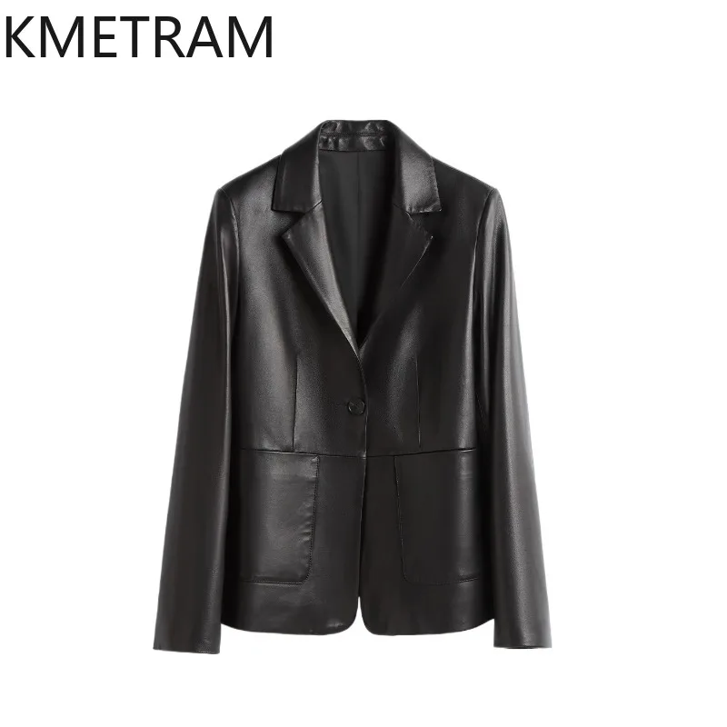 KMETRAM Genuine Leather Jacket Woman Waist-tight Blazer Leather Coat Semi Vegetable Tanned Sheepskin Jackets Black Blazer Mujer