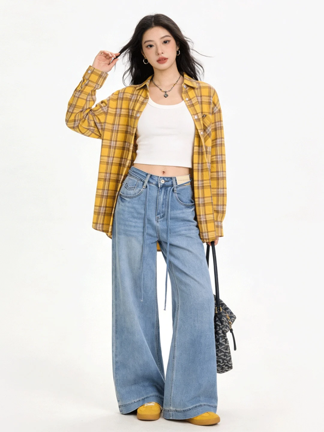 

Soft Straight Leg Wide Leg Jeans Korean Sle Waed Denim Simple Faion Early Spring High Waist ket Detail All-Match Pants