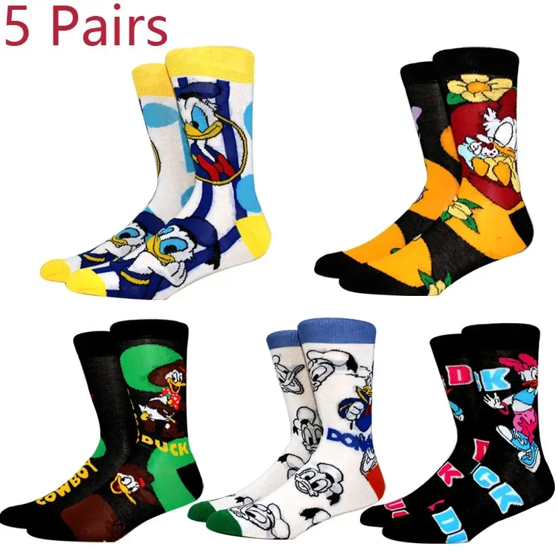 

5 пар женских носков с героями мультфильмов, кавайные милые узоры уток, красочные мужские носки с круглым вырезом, забавные новые носки Happy, размер 35-43