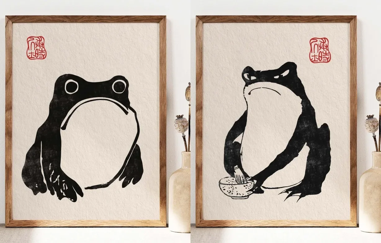 Vintage Animal Wall Art Japanese Black and White Print Pictures Home Decor Gifts Matsumoto Hoji Funny Frog Canvas Painting