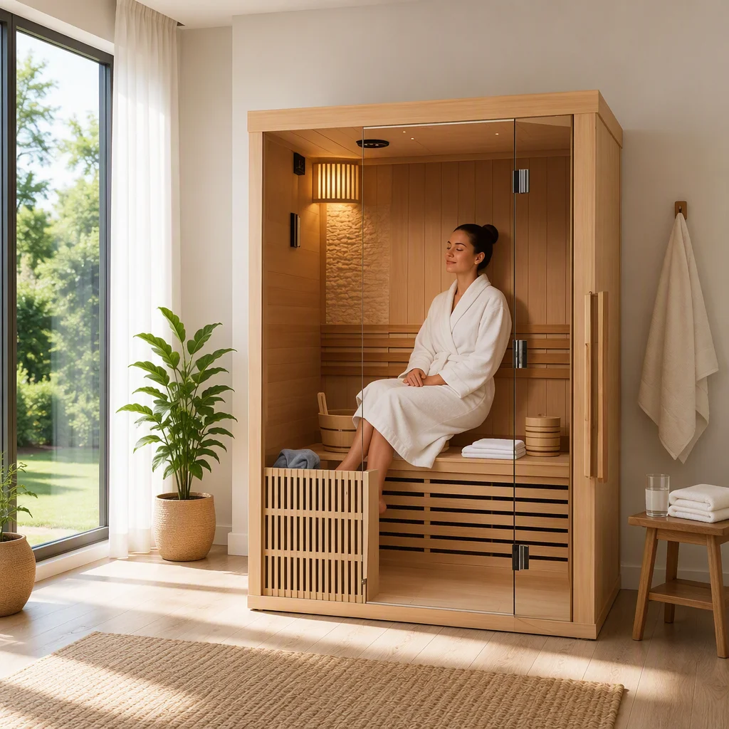 Factory Direct Solid Wood Traditional Sauna Cabin Two-Tier Bench Wooden Bucket Star LED Light Tempered Glass For Indoor Home
