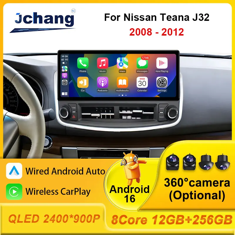 Android 16 Car Stereo Radio Multimedia Video Player for Nissan Teana J32 2008 - 2012 Navi GPS Wireless CarPlay Auto WiFi 4G QLED