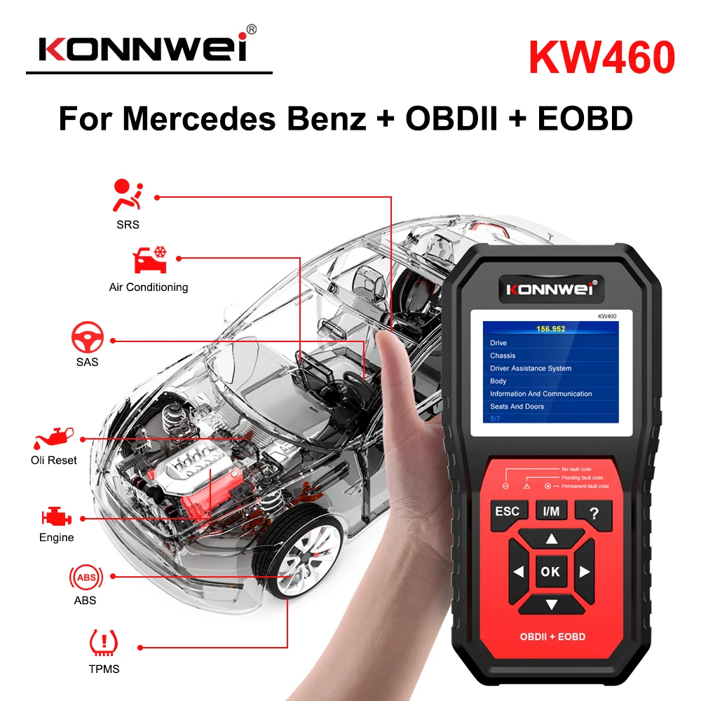 2026 KONNWEI KW460 سيارة ODB2 الماسح الضوئي رمز القارئ النفط TPMS إعادة تعيين Obd 2 لمرسيدس بنز ABS وسادة هوائية محول Autor أدوات التشخيص