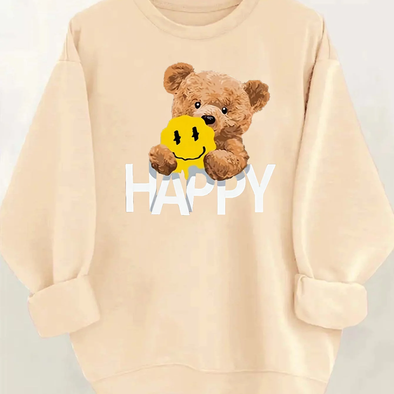 Damska jesienno-zimowa luźna i wygodna ciepła bluza z okrągłym dekoltem, długim rękawem i nadrukiem z motywem misia HAPPY.