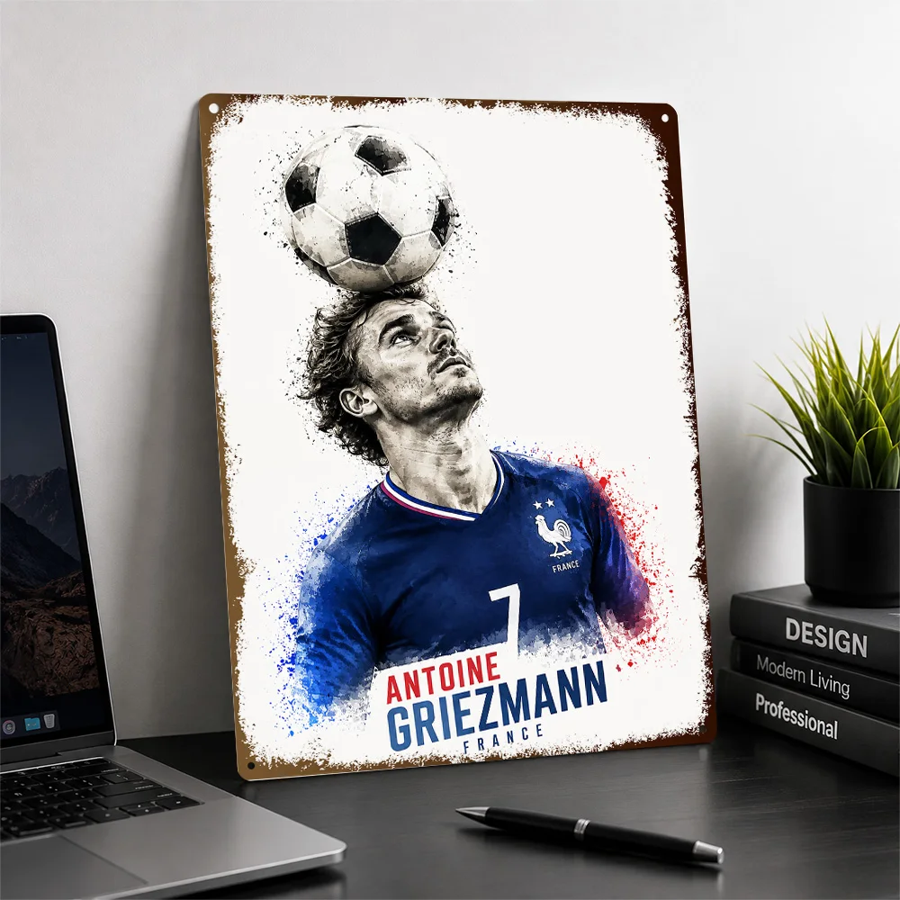 Antoine Griezmann Football Textured Poster Personalized Aluminum Metal Sign Matchday Hero Style Wall Art Perfect For Clubhouse