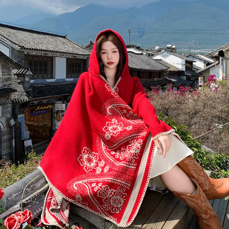 Fashionable Women's Scarf Shawl Vintage Nougat Patterned Woolen Warmth Cape Air Conditioning Blanket Floral Design Wrap