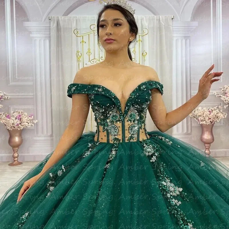 Přizpůsobené smaragd zelená quinceañera šaty nášivka korále pryč  shouder exponované vykosťování děvče narozeniny kněžna gowns vestidos