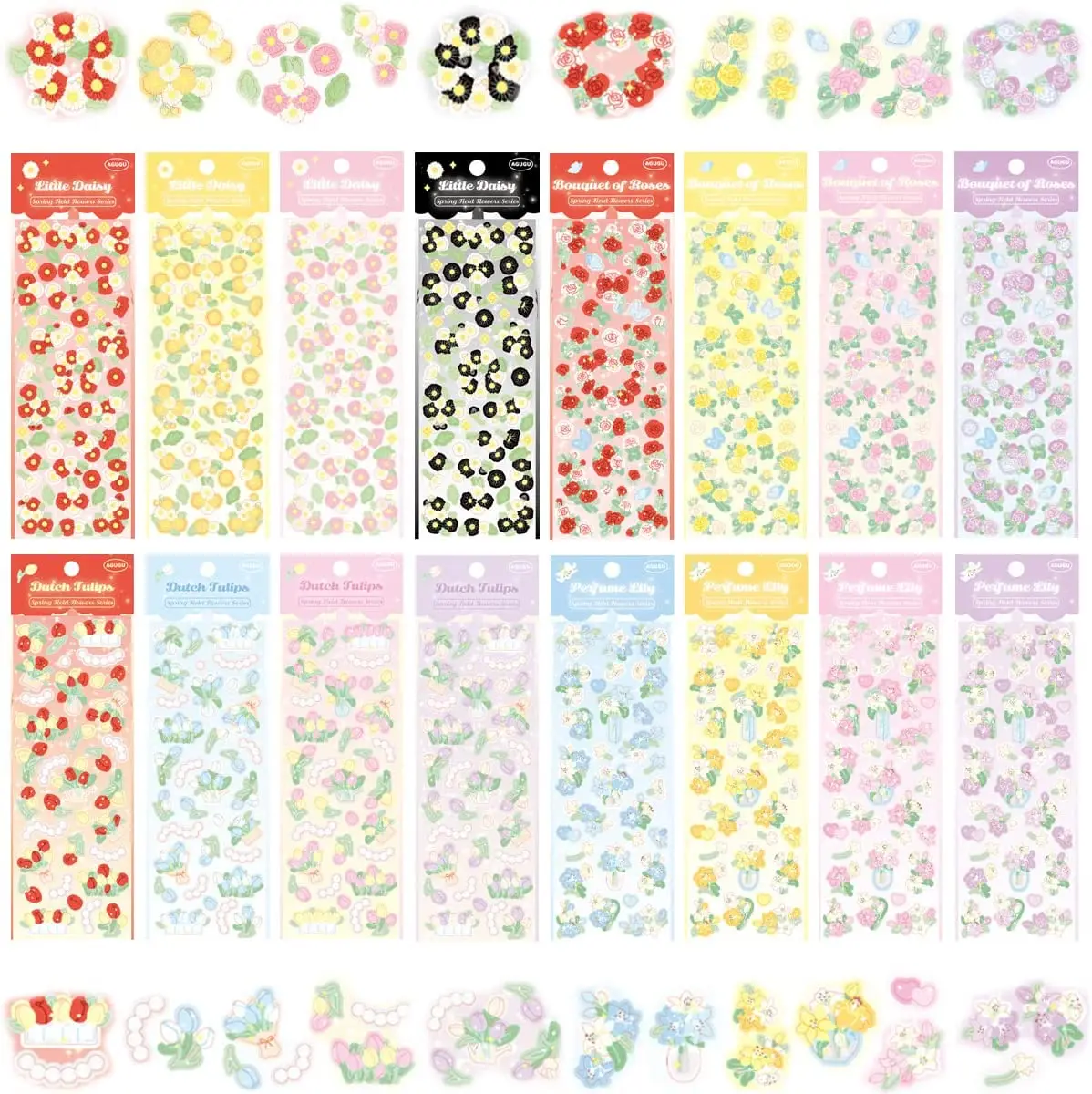 Korean Deco Stickers Set, DIY Colorful Glitter Self Adhesive Stickers with Flower Style, Kpop Photocard Stickers Rose Lily Daisy