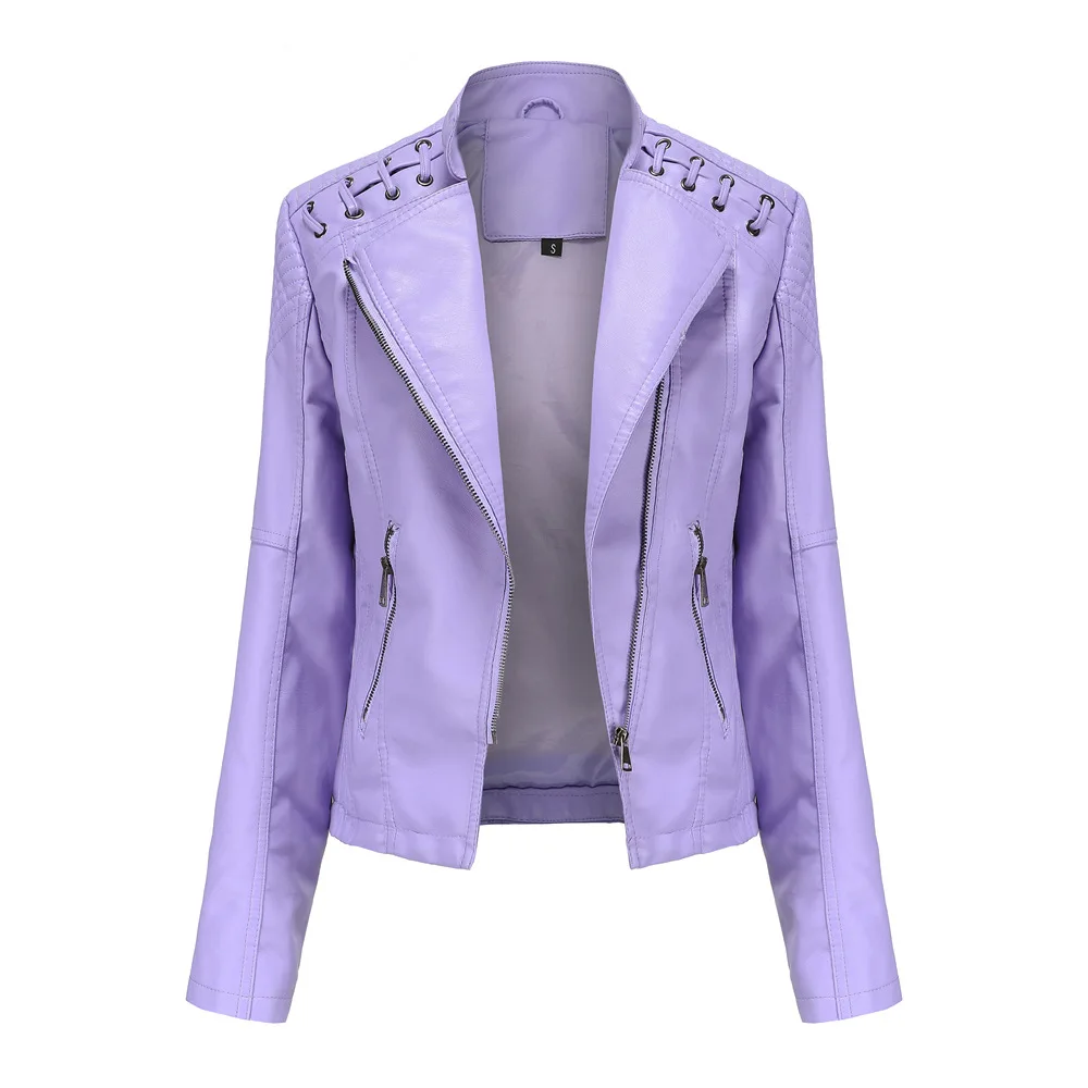 New 2023 Spring and Autumn Imitation Leather Jacket Female Long-sleeved Zipper Slim Biker Leather Jacket Female Biker Clothes