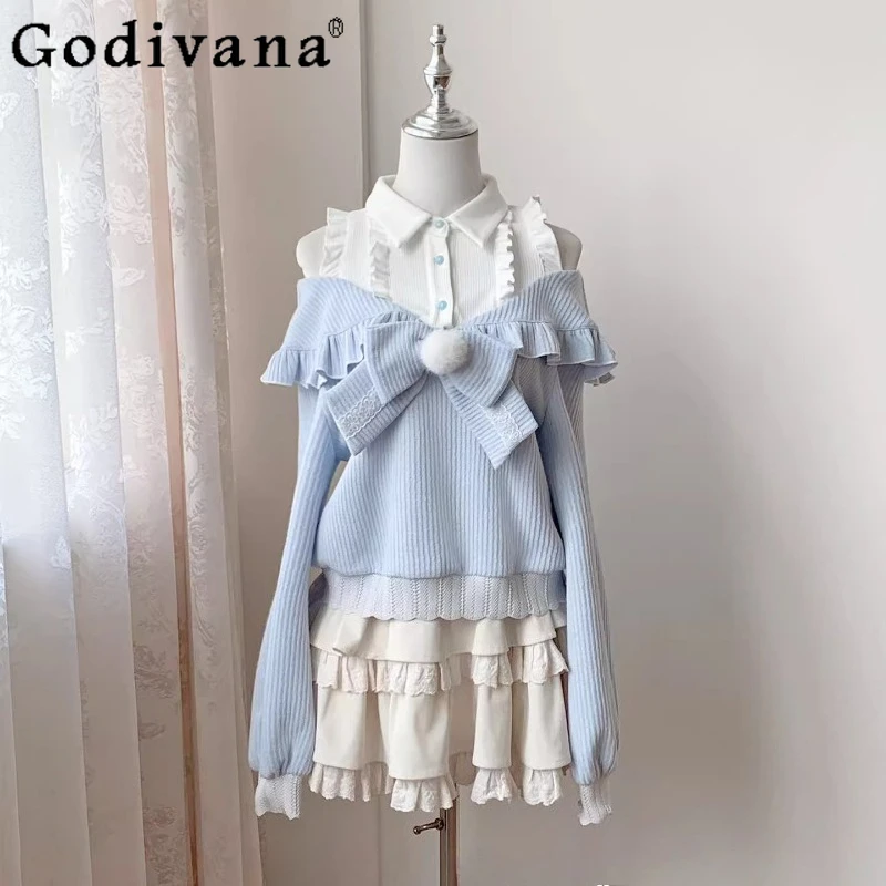 

Original Design Sweet Cute Lolita Off-Shoulder Sweater and Skirt 2-Piece Set Autumn Winter New Japanese Girl's Knit Top Skirts