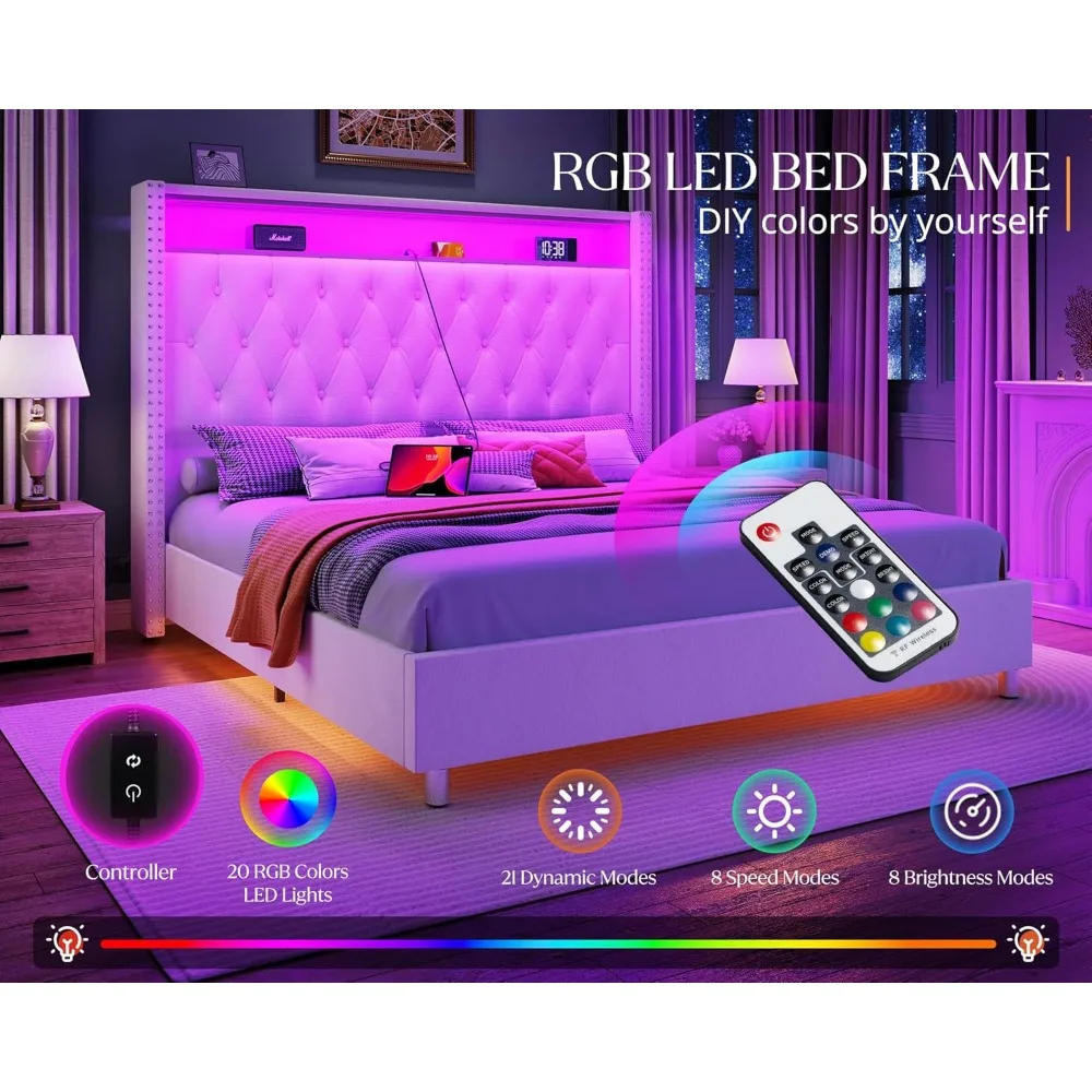 Queen Bed Frame with LED Lights Charging Station, Velvet Tall Upholstered Platform Bed Frame, No Box Spring NeededLM