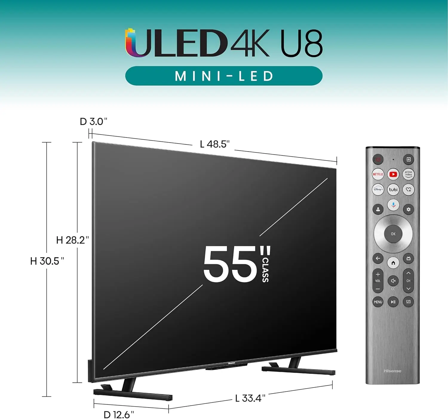 U8 Series 55U8N 55 بوصة ULED 4K تلفزيون ذكي Mini-LED Pro+ QLED |   معدل حركة 1800 شمعة المتر المربع 144 هرتز 480 Dolby Vision IQ · Atmos