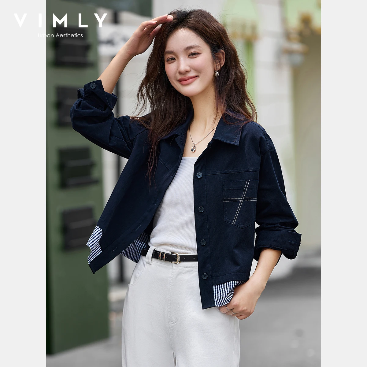 

VIMLY Elegant Women's Jackets Navy Blue Casual Pure Cotton Female Jackets Autumn 2025 Turn-down Neck Spliced Ladies Jacket A2853