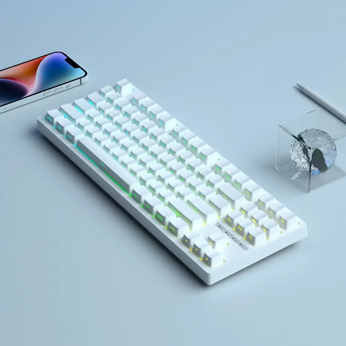 

Pure white side engraved light-transmitting keycap gradual change color two-color dip PBT98/100/104/108