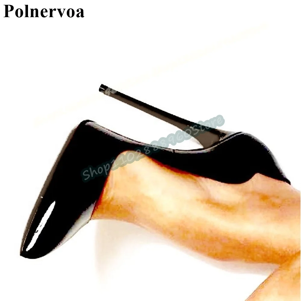 

Black Glossy Leather Shallow Pointy Pumps Stilettos High Heel Shoes For Women Slip On Pointed Toe Sexy Gorgeous Party Pumps
