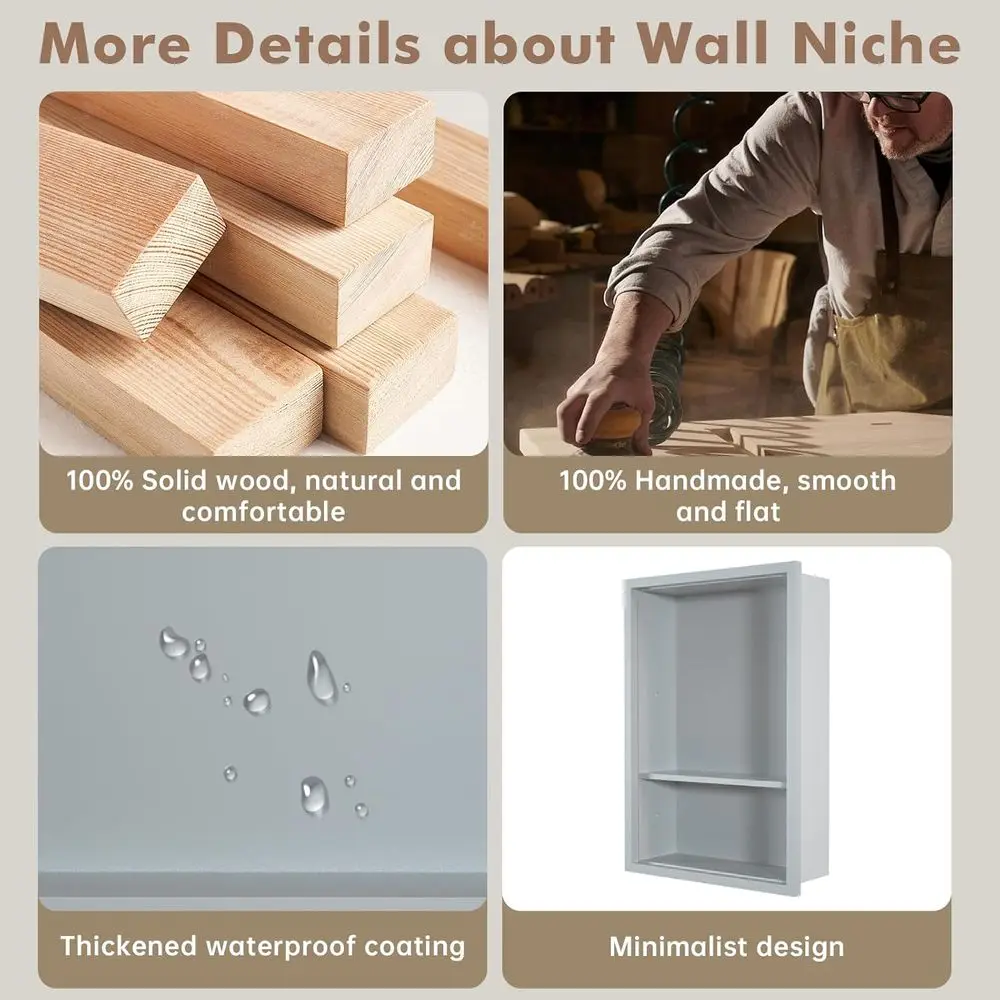 Armoire à pharmacie encastrée à 2 niveaux en bois massif gris, rangement de niche murale 12x18 pour salle de bain, chambre à coucher, salon, cuisine