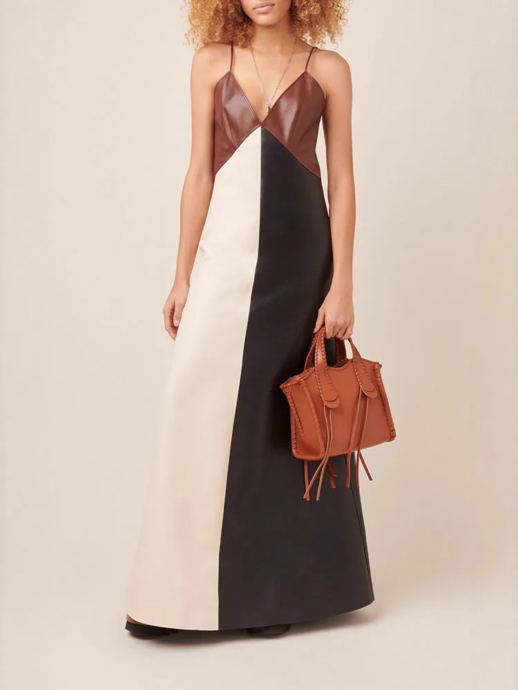 النمط الفرنسي بو الجلود فستان الرسن مثير الخامس الرقبة الجوف خارج أكمام فستان الحفلات المسائية سيدة اللون منعت تقسم فستان طويل #6