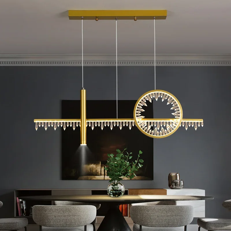 Modern Nordic Crystal LED Pendant Lamps for Dining Room Kitchen Living Room Bedroom Circular Ring Long Strip Lighting Chandelier