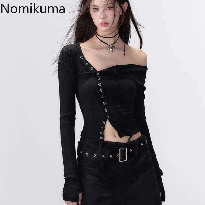 Black Tshirts Women Clothes Long Sleeve Slash Neck Tunic Tees 2024 Ropa Mujer Single Breasted Sexy Korean Y2k T Shirt Ropa Mujer