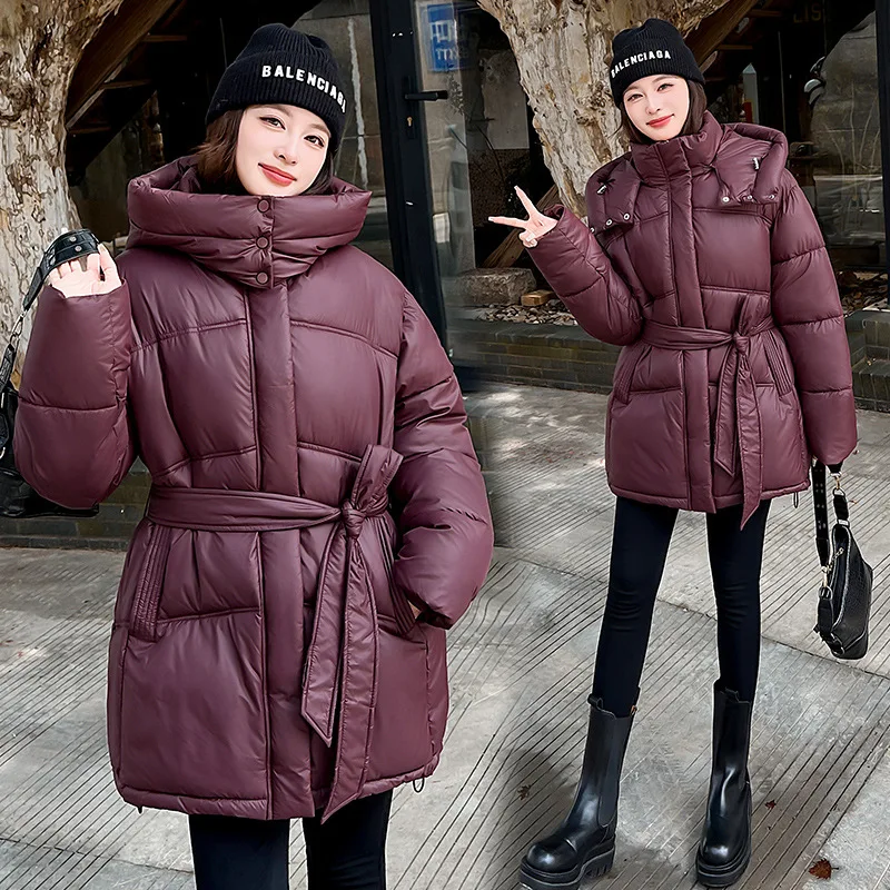 Winter Thick Warm Fluffy Windproof Waterproof Cotton Padded Jackets 2025 New Women's Down Coat Belt Loose Mid Length Parka Trend