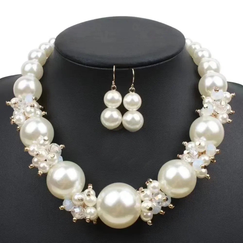 Multi-layer Pearl Necklace Earring Women Versatile Fashion Accessories Personalized Bride Wedding Jewelry Set Charm Exaggerated