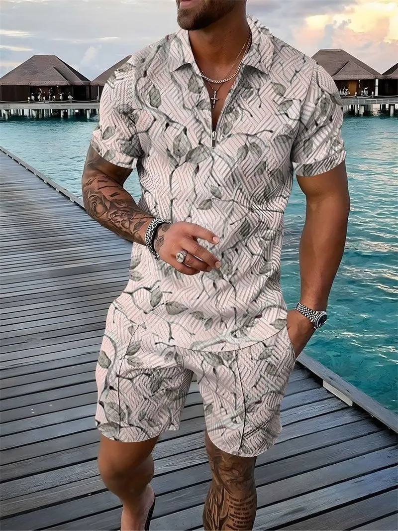 2024 New Men\'s summer Tracksuit 2 Piece Set Floral Print 3D Polo Shirt Short Sleeve T Shirt and Shorts Casual Man Clothing