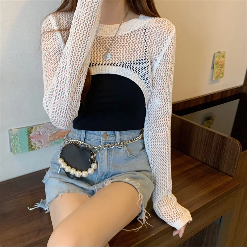 

Women's Summer Hollow Out Knitted Cardigan Long Sleeve Sun Protective Short Chic Sexy Top Niche Design