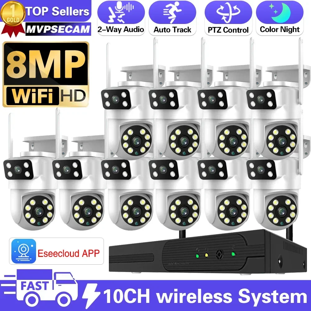 

8MP WiFi Dual Lens Dual Screen Wireless IP Cameras 10CH WiFi NVR Security System Two Way Audio Outdoor Video Surveillance Set