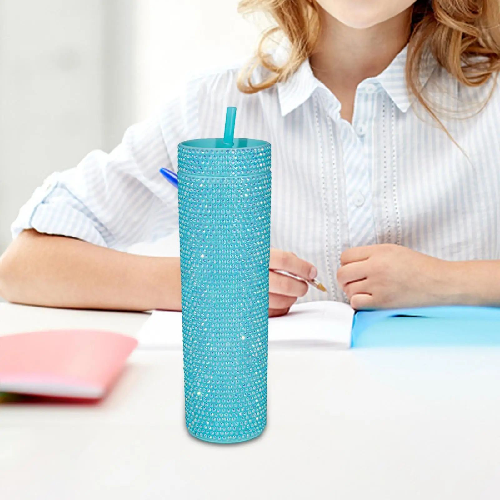 Glitter Crystal Coffee Mug Rhinestone Tumbler 450ml Water Bottle Reusable Plastic Cup with Lid and Straw BPA Free for Cold Brew