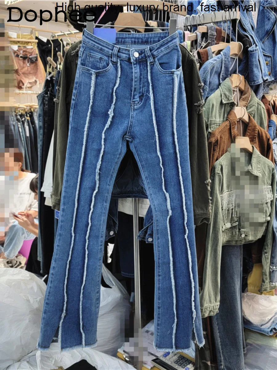 

Blue High Retro Waist Straight Jeans for Women Autumn Winter New Slimming Frayed Stitching Bell-Bottom Pants Slit Denim Trousers