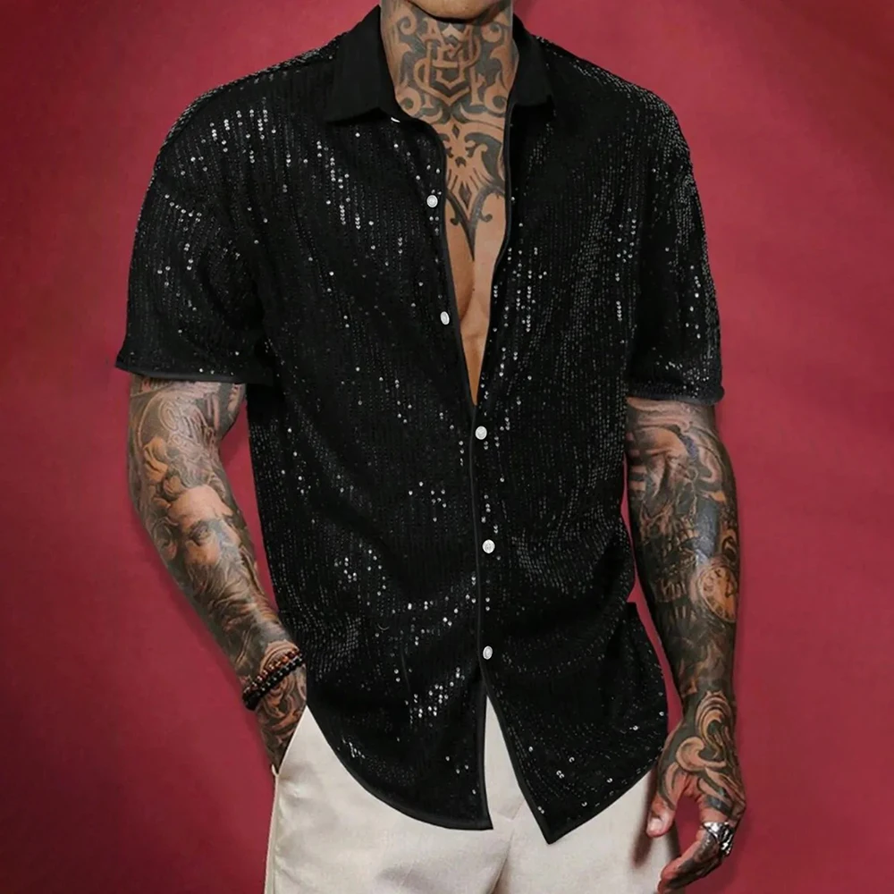Mens Shirt Shiny Nightclub Sequin Thin Shirt Streetwear Ballroom Stage Performance Fashion Short Sleeve Top Men'S Clothing 2025