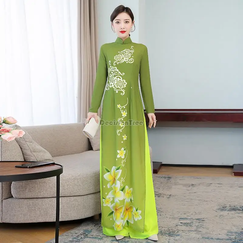 Green slim vietnam aodai long sleeve dress women traditional chinese vintage elegant qipao top+pants sets asian chiffon dress