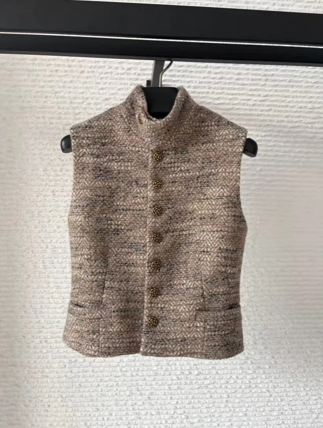 Chaleco de punto retro de tweed con cuello alto y botones color camel para mujer, nueva colección primavera 2026, abrigo corto/chaqueta.