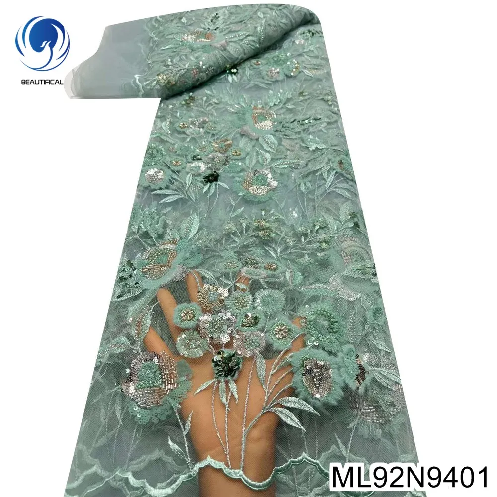 

African Beads Sequin Lace Fabric, Heavy Fine Embroidery, Botanical Floral Pattern, Bridal Dress Material, ML92N94