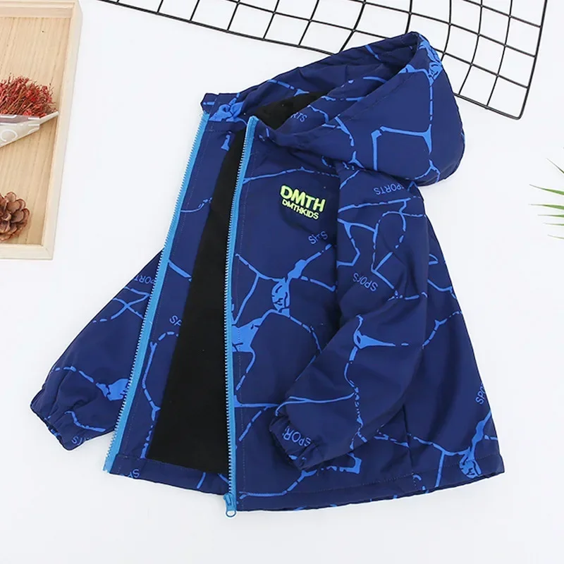 Spring Autumn Waterproof Children Hooded Cartoon Girls Jacket Warm Fleece Lined Zip Outwear School Kids Boys Outfit Top XMP99