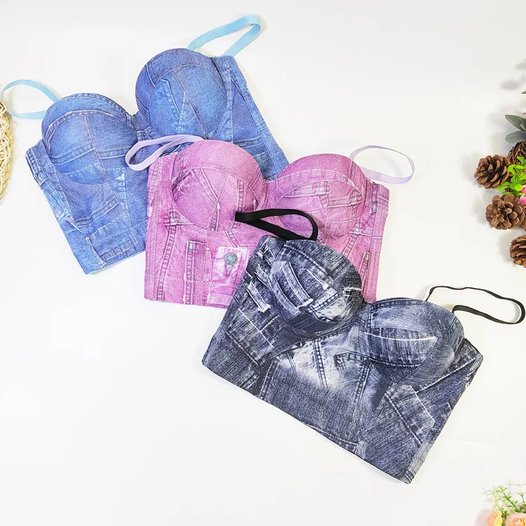 Sexy Thin Mesh Fishbone Strap Bralette Women's One-Piece Cup Underwear Cross-Border Denim Backless Tube Top Summer 2024