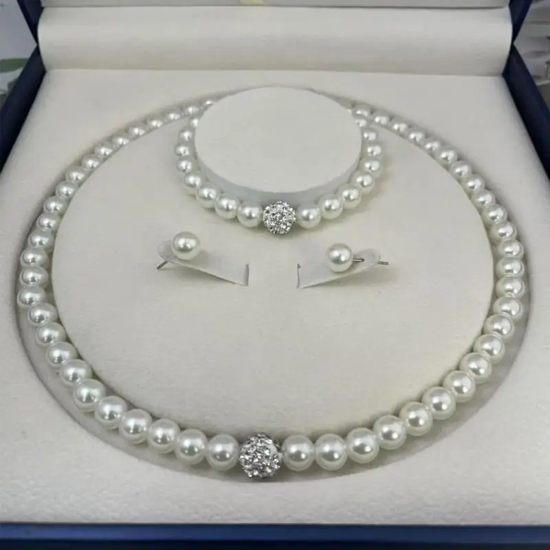 Neues 3-teiliges Schmuckset mit Imitationsperlen, Feuerball-Halskette, Armband und Ohrsteckern, Silberfarben mit Kristallsteinen, Eleganter Brautschmuck