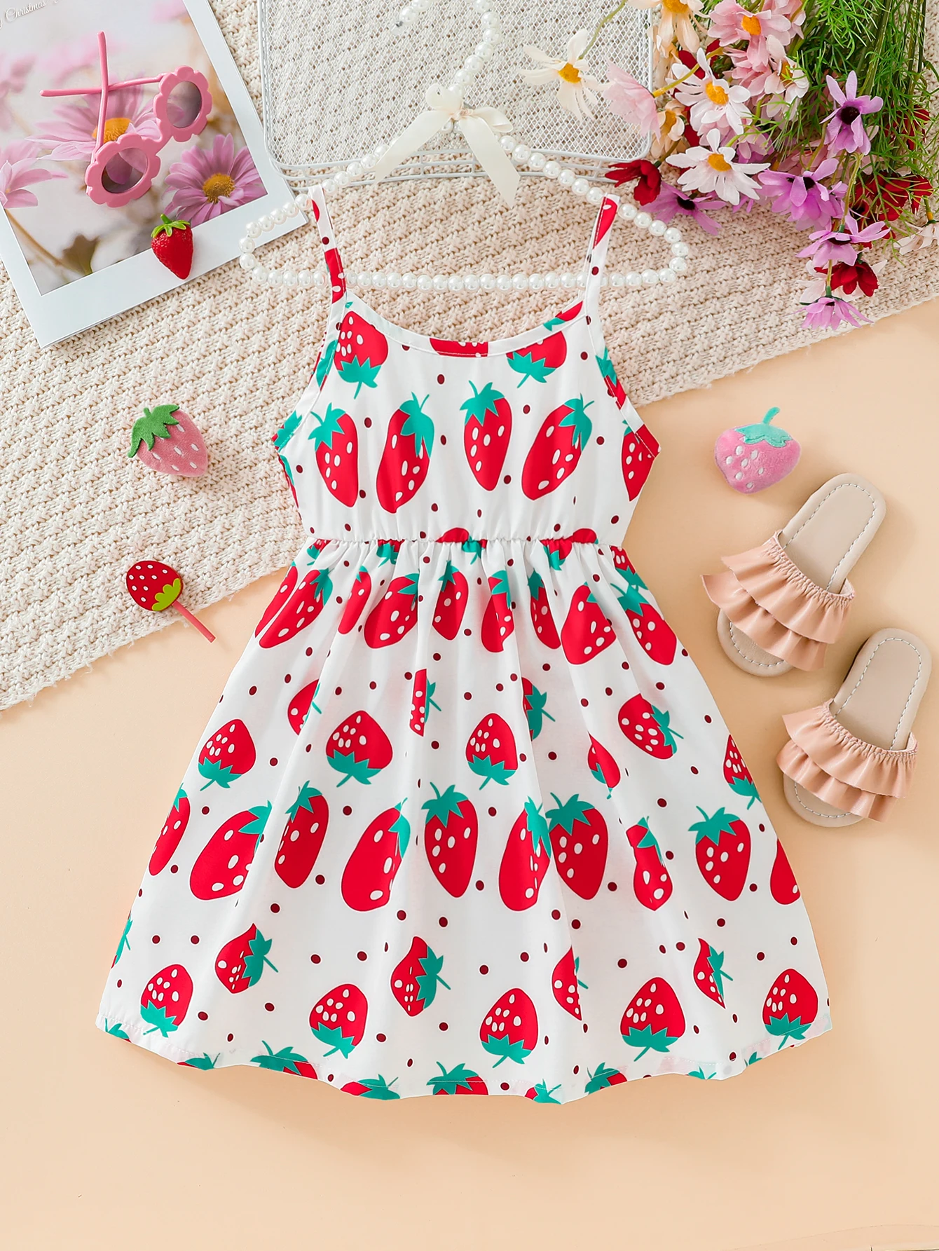 Summer Clothing Strawberry Dress Casual Fashion Print Cute Girl Suspender Dress