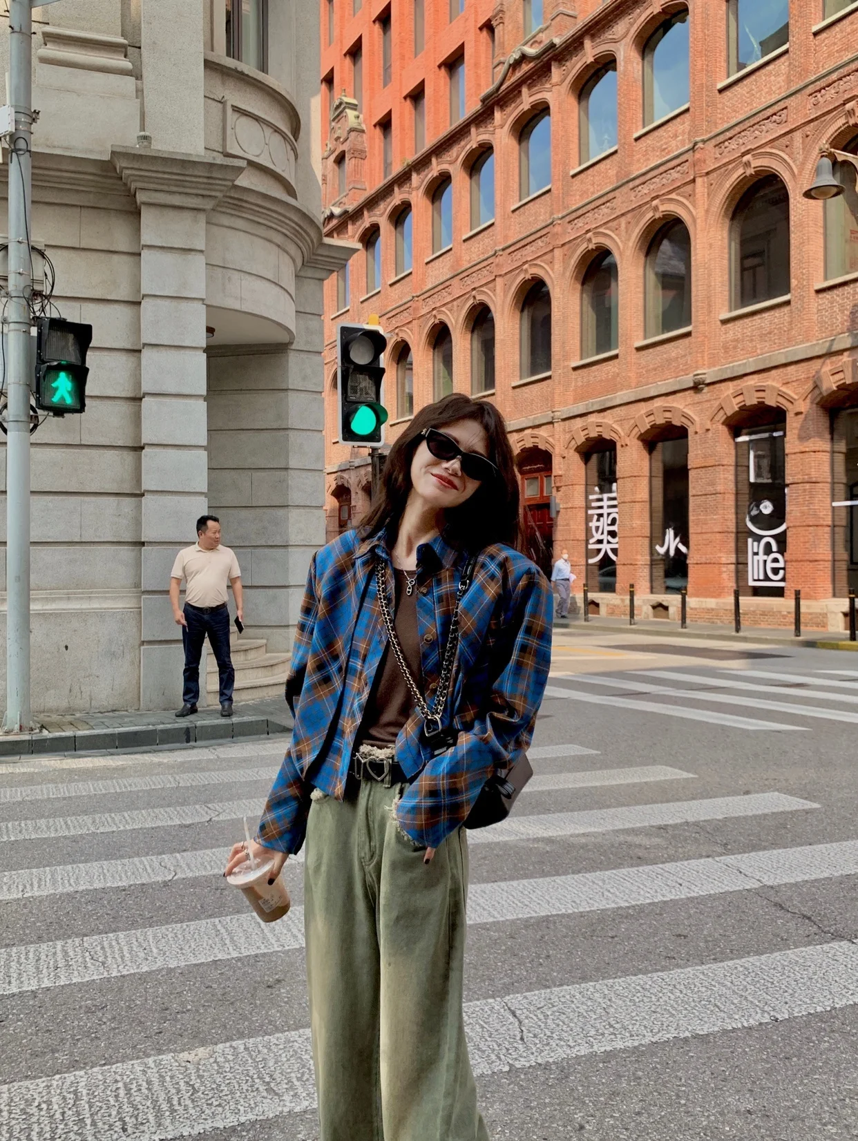 

Retro Blue ort Pad oulder Plaid Ne irt Jaet Spring Summer Women's Korean Sle Commute Pattern Long Sve Loo...