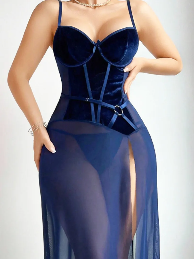 High-end Sexy Mesh Split Strap Nightdress Sexy Hot Solid Color Backless Deep V Suspenders Sleeveless Long Dress Pure Desire KBWP
