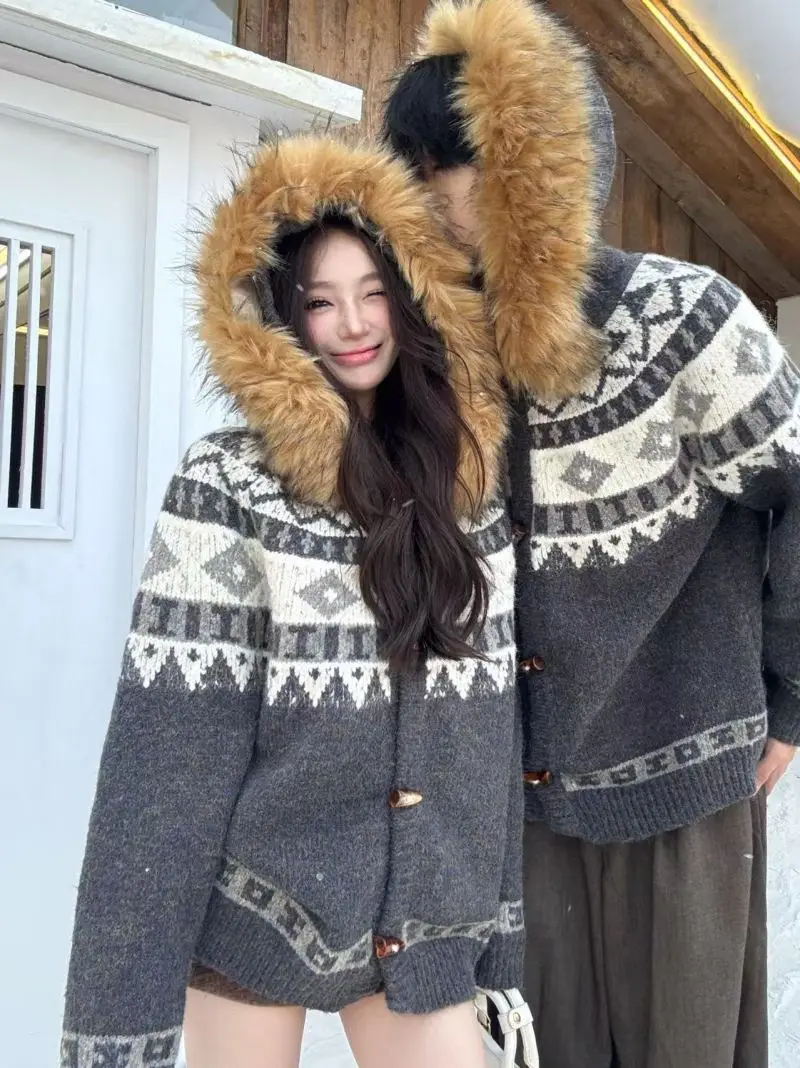 

Vintage Fair Isle Knitted Hooded Open Cardigan Sweatirt Men Women Sle Autumn Winter Cleanfit Jaet Soft Polyester Blend