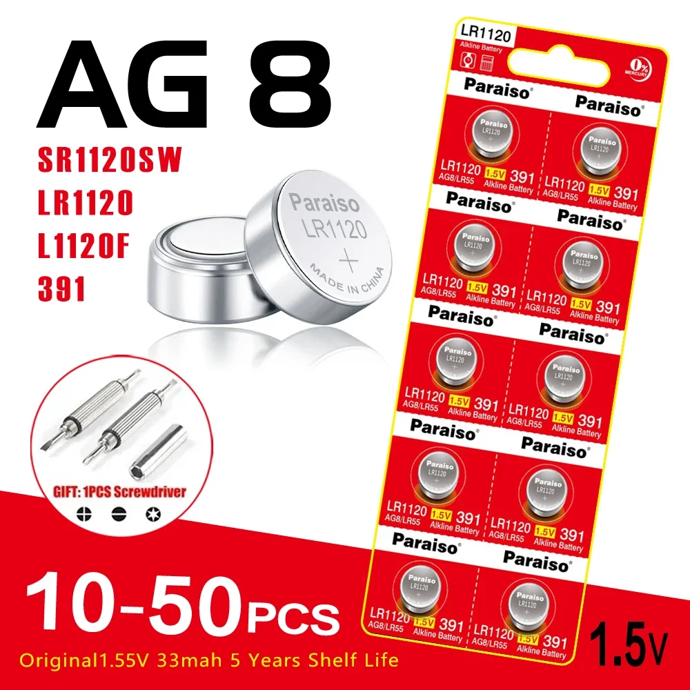 جديد عالي السعة 1.55 فولت AG8 LR1120 391 SR1120 R1120W CX191 بطاريات زر G8A 191 SR1120SW خلية عملة ساعة اللعب بطارية عن بعد