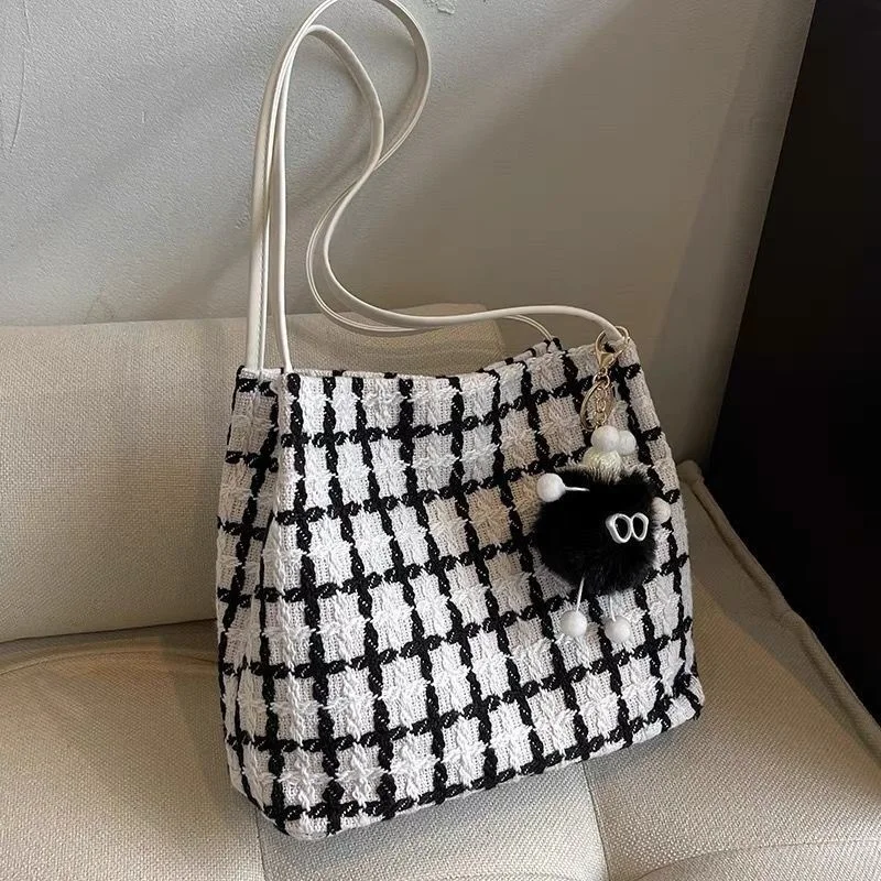 2024 Trend Tweed Bucket Plaid Tote Shoulder Bags For Teenage Girl Women\'s Messenger Bags Ladies Handbag Crossbody Day Clutch