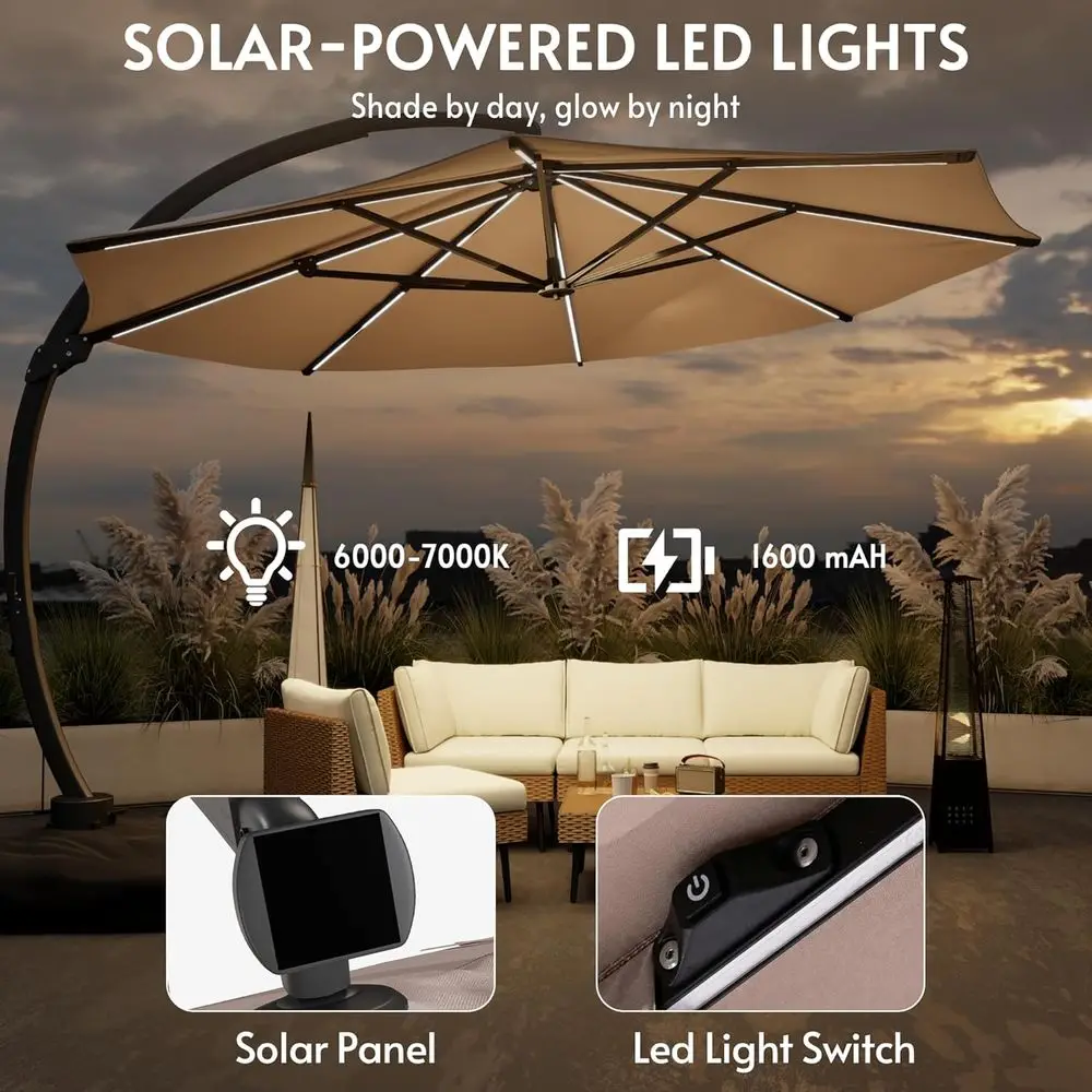 11T r Powered LED Light Cantilever Patio Umbrella with Base, Large 360° Rotation Heavy-Duty Offset Outdoor Umbrella for Patio, P