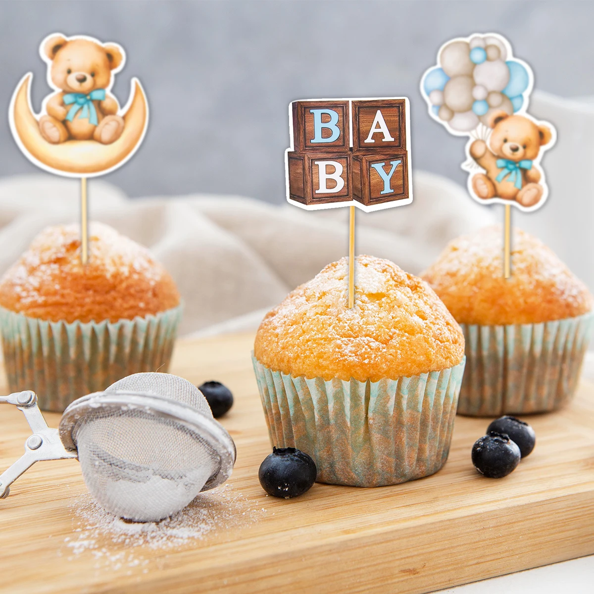 12/24pcs Cute Baby Shower Bear Cupcake Toppers Baby Bear Theme Cake Decorations Bear Birthday Party Cake Decorative Supplies