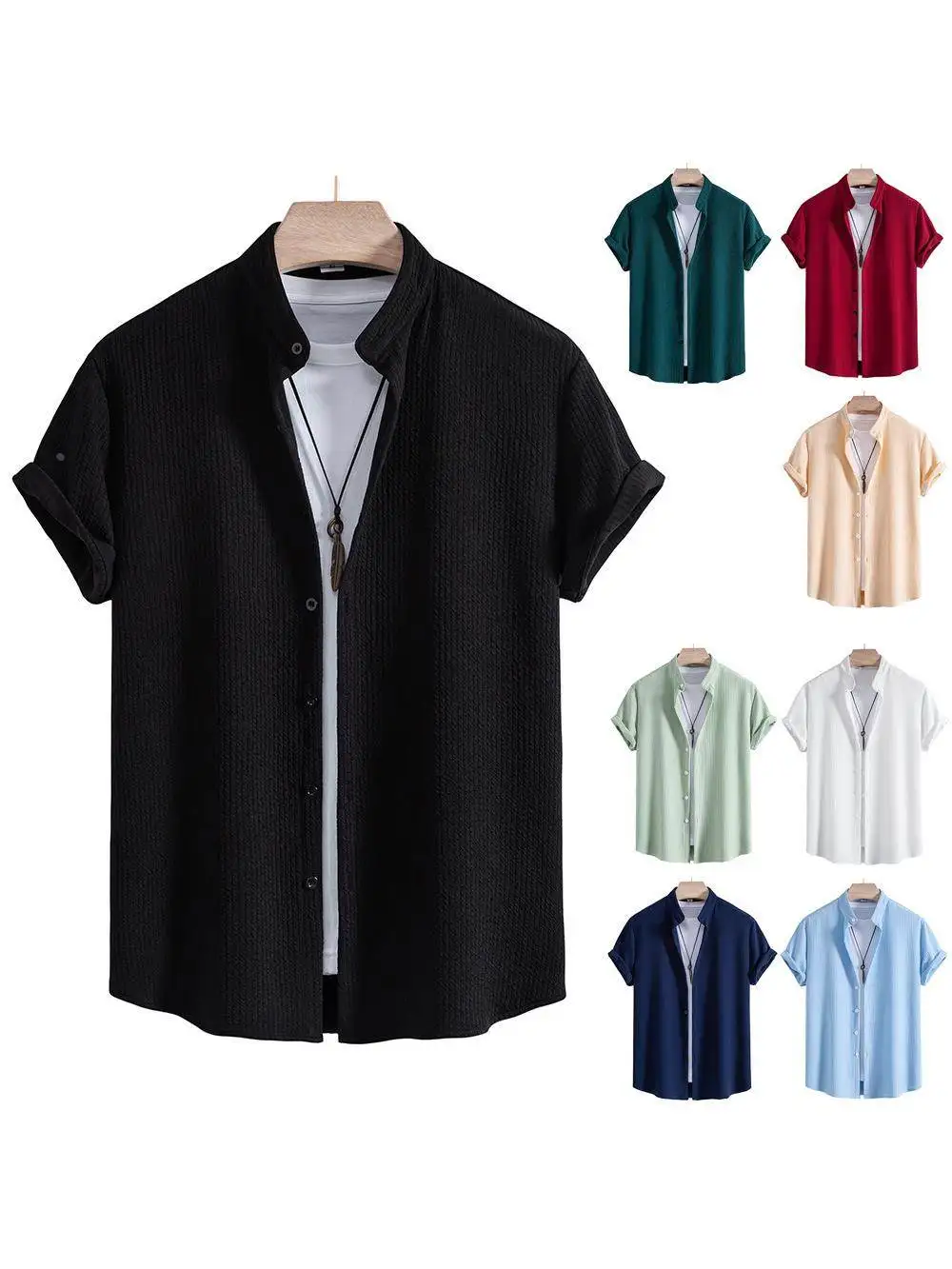 

Men's Short Sleeve Casual Shirt 2025 Lapel Printed Slim Fit No Iron Treatment Youth Summer Thickened Fleece Collar Design