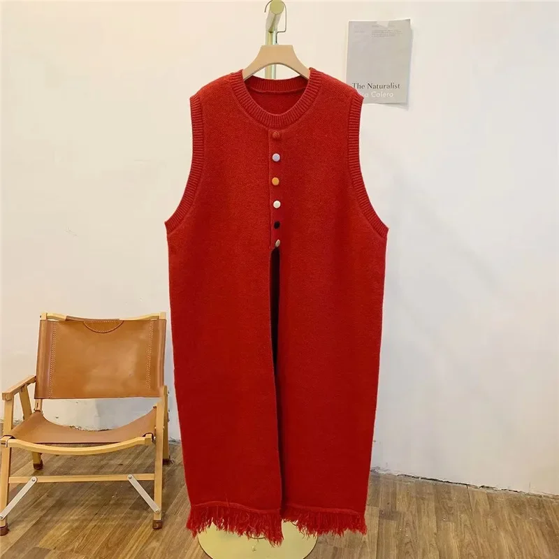 女性用ロングスプリットウールベスト,ノースリーブセーター,カラフルなボタン,新しい秋のコレクション