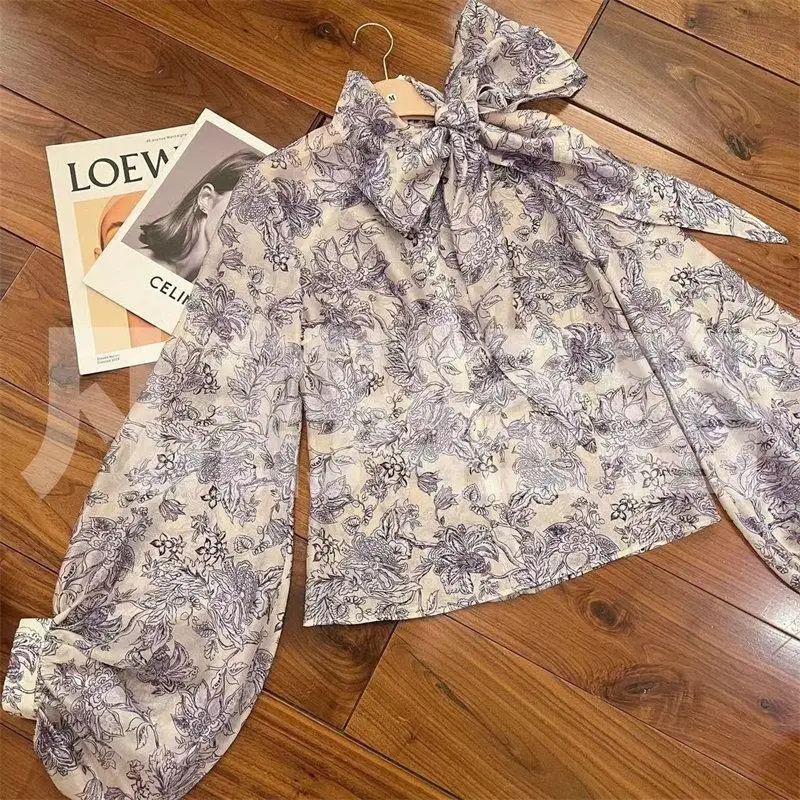 Flower Painted Shirt Spring/Summer 2023 New Fashion Butterfly Print Shirt Lace Up Sweet Top women blouse