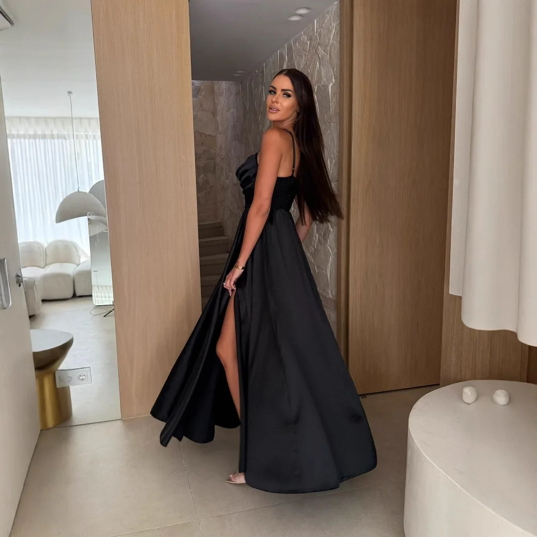 Vestido elegante de satén para mujer, Maxi vestido de playa para pierna Sexy con abertura lateral, correas ajustables, vestido de fiesta de noche, vestidos de dama de honor baratos